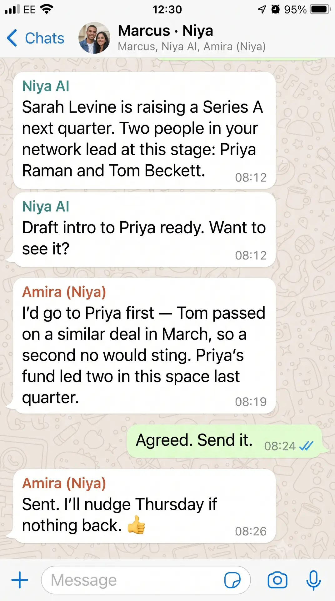 Niya chat introducing a warm connection to an investor