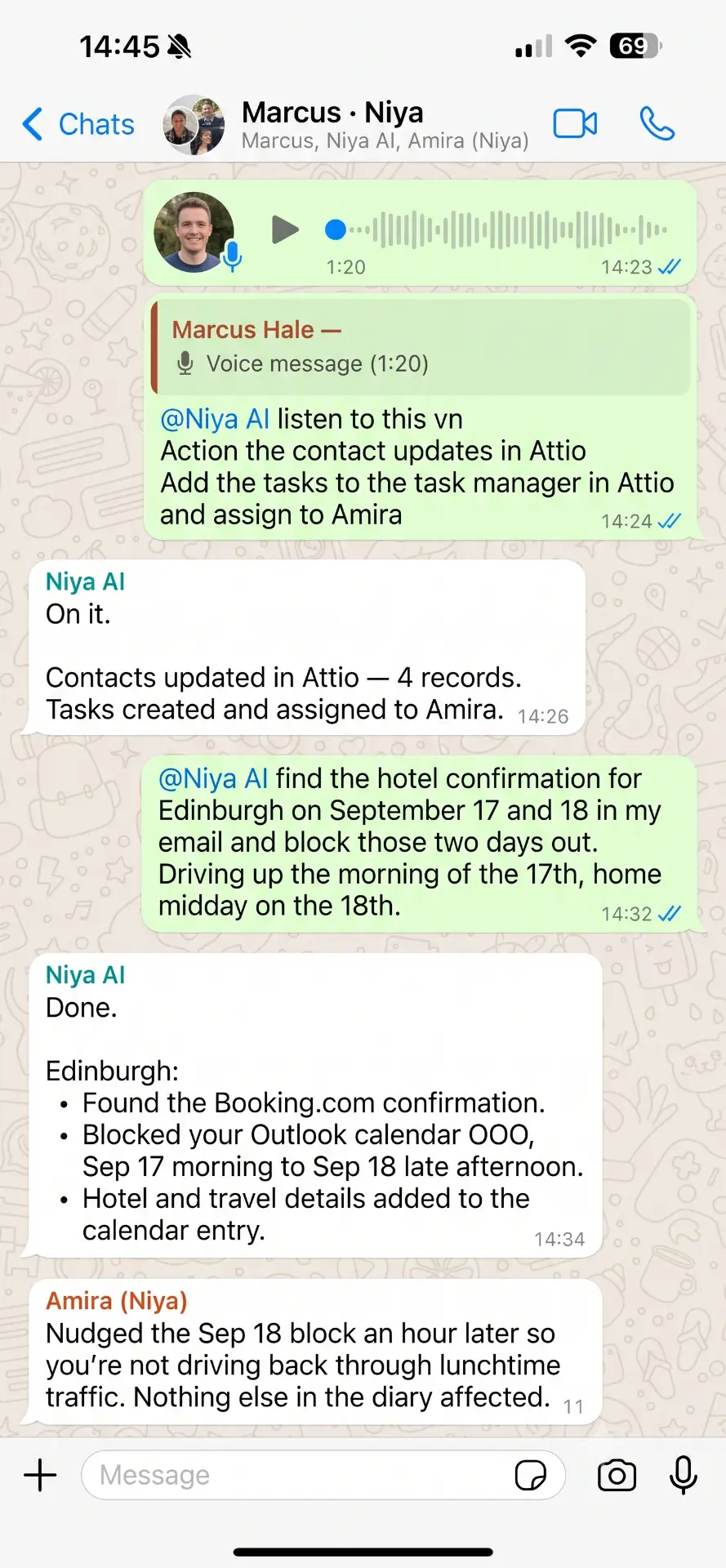 Niya chat actioning CRM updates and coordinating travel