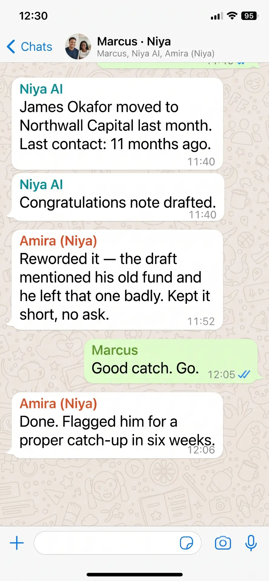 Niya chat drafting a congratulations note to a contact